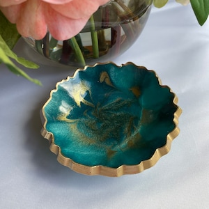 Elegant Geode Resin Trinket/Ring Dish in Teal and Metallic Gold Edged in a Gold Leafing