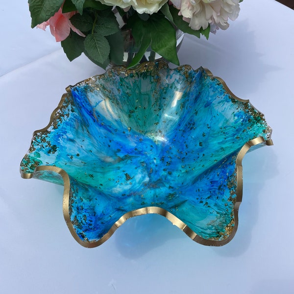 Large Resin Geode Bowl in Swirls of Aqua, Teal, Blue and Metallic Gold Accented with Gold Leaf Flakes Edged in a Gold Leafing