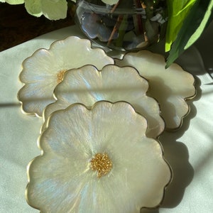 Iridescent Opalescent Floral Resin Coasters 4 in Muted Pastel Colors Accented with Gold Leaf Flakes Edged in Gold Leafing 画像 7