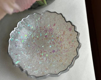 Iridescent Geode Resin Ring Dish: Silver Leaf Trinket Plate