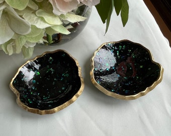 BUNDLE SALE-Geode Resin Trinket Dishes: Black Iridescent Sparkle, Gold Leaf Edged