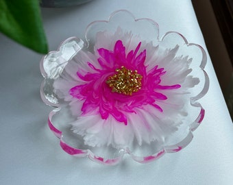 Elegant 3-D Resin Flower Bloom in Magenta and White Accented with Gold Stones