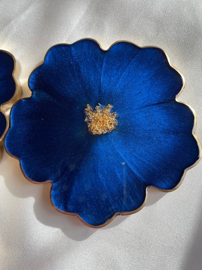 Handmade Resin Floral Coasters 4 in a Cobalt and Navy Blue Accented with Gold Leaf Flakes and Edged in a Gold Leafing image 8