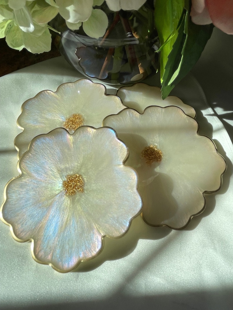 Iridescent Opalescent Floral Resin Coasters 4 in Muted Pastel Colors Accented with Gold Leaf Flakes Edged in Gold Leafing image 1