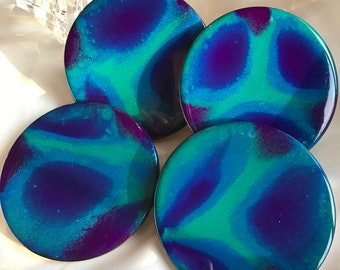 SALE-Set of 4 Blue, teal and green resin poured coasters on wood backing