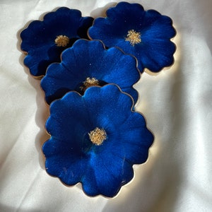 Handmade Resin Floral Coasters 4 in a Cobalt and Navy Blue Accented with Gold Leaf Flakes and Edged in a Gold Leafing image 4