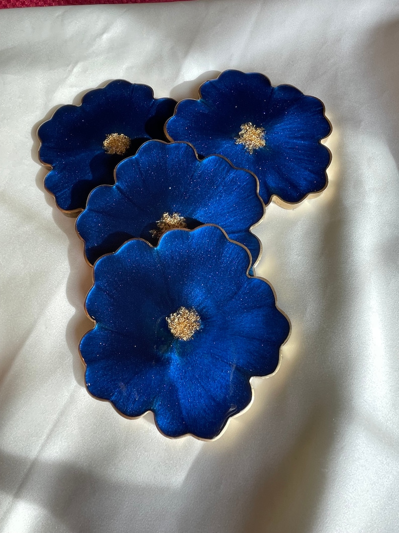 Handmade Resin Floral Coasters 4 in a Cobalt and Navy Blue Accented with Gold Leaf Flakes and Edged in a Gold Leafing image 4
