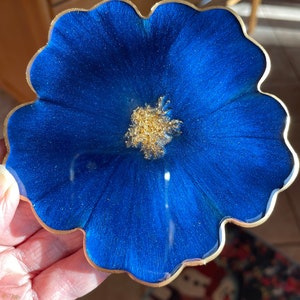 Handmade Resin Floral Coasters 4 in a Cobalt and Navy Blue Accented with Gold Leaf Flakes and Edged in a Gold Leafing image 10