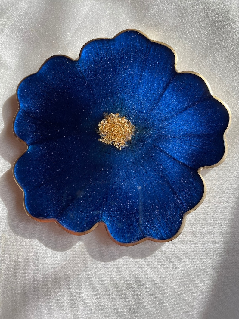 Handmade Resin Floral Coasters 4 in a Cobalt and Navy Blue Accented with Gold Leaf Flakes and Edged in a Gold Leafing image 6