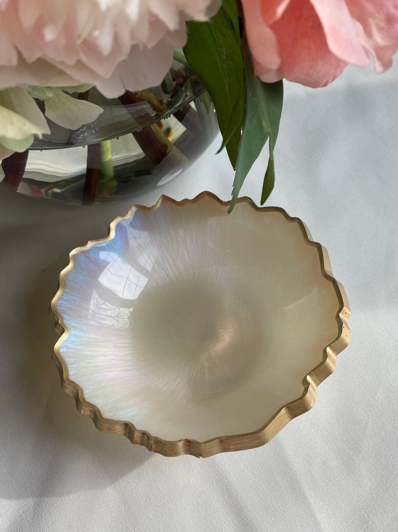 Iridescent Opalescent Geode Resin Trinket/Ring Dish in Beautiful Pastel Colors Edged in a Gold Leafing image 2