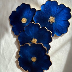 Handmade Resin Floral Coasters 4 in a Cobalt and Navy Blue Accented with Gold Leaf Flakes and Edged in a Gold Leafing image 1