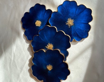 Handmade Resin Floral Coasters (4) in a Cobalt and Navy Blue Accented with Gold Leaf Flakes and Edged in a Gold Leafing