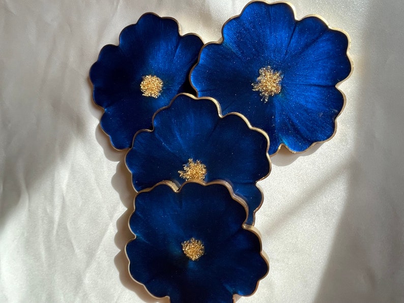 Handmade Resin Floral Coasters 4 in a Cobalt and Navy Blue Accented with Gold Leaf Flakes and Edged in a Gold Leafing image 1