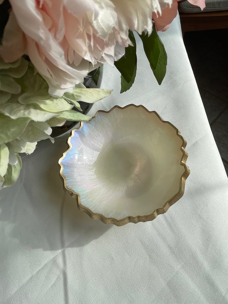 Iridescent Opalescent Geode Resin Trinket/Ring Dish in Beautiful Pastel Colors Edged in a Gold Leafing image 6