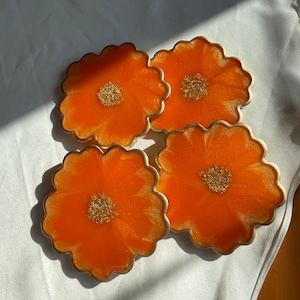 Floral Resin Coasters: Tangerine, Iridescent Gold, and Gold Leaf