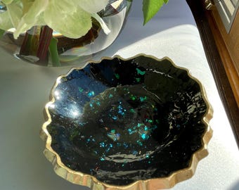 A Unique Resin Trinket/Ring Dish in Black with Iridescent Sparkle Edged in Gold Leafing