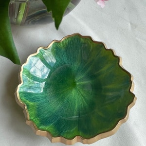 Handmade Geode Resin Trinket/Ring Dish in Variegated Shades of Green Edged in a Gold Leafing