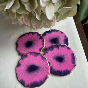 SALE-Vibrant-Geode Resin Coasters (4) in a Bright Pink, Cobalt Blue and Purple Edged in a Gold Leafing