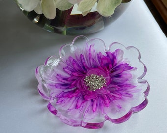 Elegant 3-D Resin Flower Bloom in Purple, Magenta and White Accented with Silver Stones