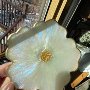 Iridescent Opalescent Floral Resin Coasters 4 in Muted Pastel Colors Accented with Gold Leaf Flakes Edged in Gold Leafing image 6