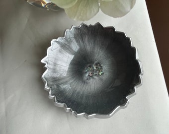 Unique Geode Resin Trinket/Ring Dish in a Pearl Gray Accented with Abalone Shells Edged in a Silver Leafing