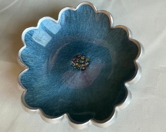 Elegant Floral Resin Trinket/Ring Dish in a Smoky Blue Accented with Iridescent Stones Edged in a Silver Leafing