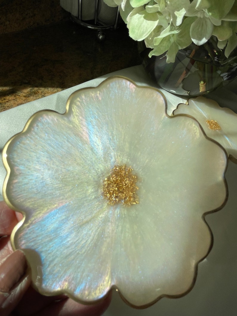 Iridescent Opalescent Floral Resin Coasters 4 in Muted Pastel Colors Accented with Gold Leaf Flakes Edged in Gold Leafing 画像 10