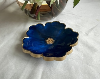 Flower Resin Trinket/Ring Dish in a Rich Cobalt Blue Accented with Gold Leaf Flakes Edged in a Gold Leafing