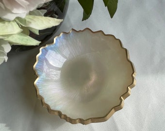 Iridescent Opalescent Geode Resin Trinket/Ring Dish in Beautiful Pastel Colors Edged in a Gold Leafing