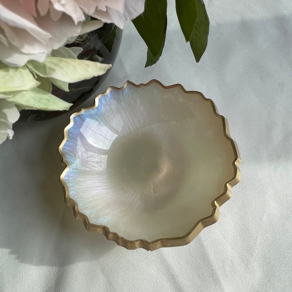 Iridescent Opalescent Geode Resin Trinket/Ring Dish in Beautiful Pastel Colors Edged in a Gold Leafing