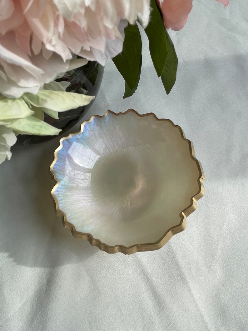 Iridescent Opalescent Geode Resin Trinket/Ring Dish in Beautiful Pastel Colors Edged in a Gold Leafing image 1