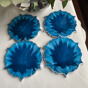 4-Unique Resin Coasters in Variegated Shades of Teal and White Edged in a Silver Leafing