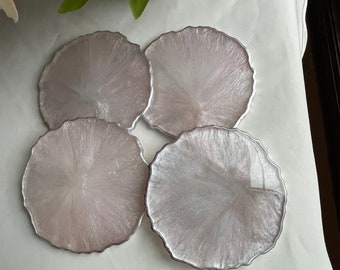 Elegant Geode Resin Coasters (4) in an Iced Pink with Glistening White and Silver Edged in a Silver Leafing