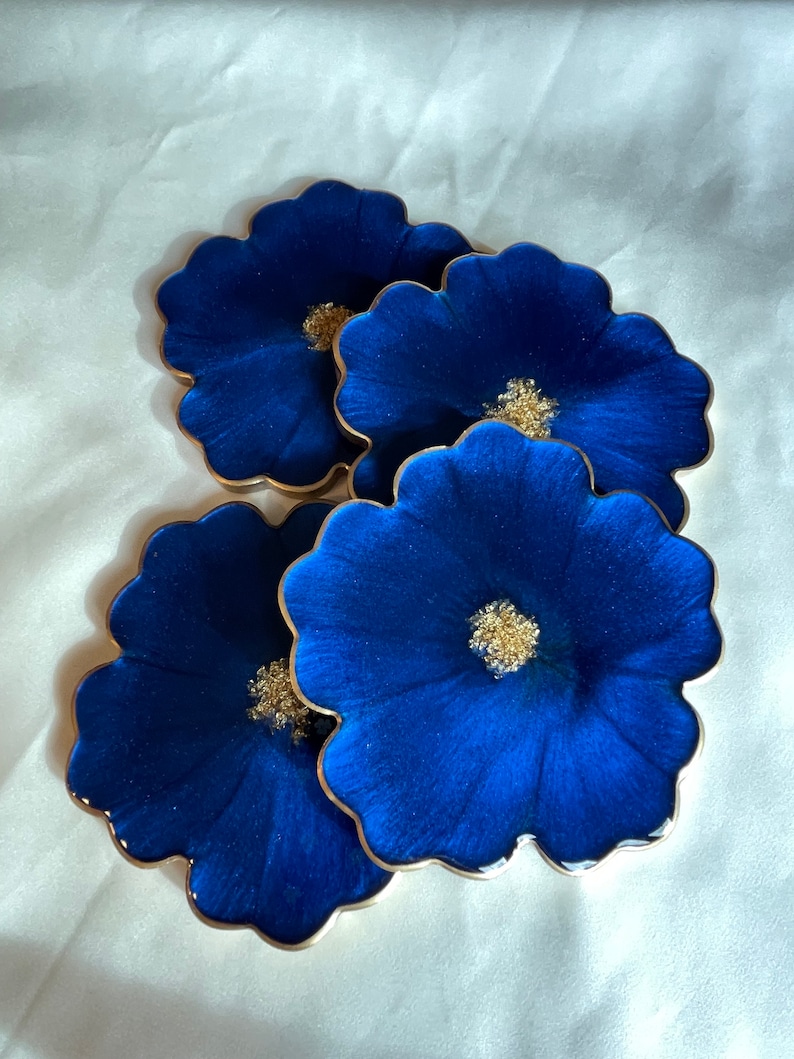 Handmade Resin Floral Coasters 4 in a Cobalt and Navy Blue Accented with Gold Leaf Flakes and Edged in a Gold Leafing image 3
