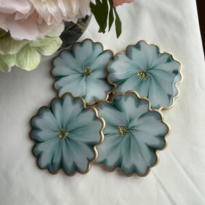 Elegant Floral Resin Coasters (4) in a Rich Green and White Accented with Gold Stones Edged in a Gold Leafing