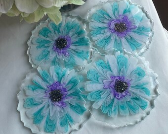 Elegant Geode Resin Coasters (4) in a  3-D Flower Burst of Purple, Teal and Lilac Accented with Iridescent Stones