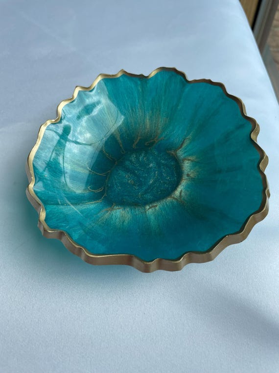 Teal Geode Resin Ring Dish: Gold Leaf Edged Trinket Dish