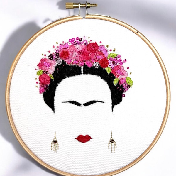 Stickset für Anfänger, Rosa Nadelspitzen Kit, Frida Kahlo Stickset, Stickerei Kunst, Frida Kahlo