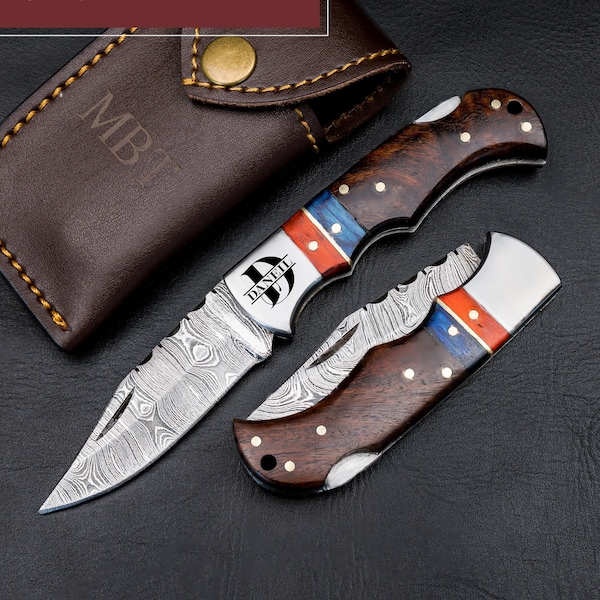 Groomsmen Gifts Damascus Pocket Knife 6.5" Folding Blade Custom Personalized Knives Hunting Men Anniversary Wedding Gifts for Him Under 30