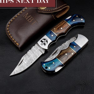 Pocket Knife for Camping/Hunting Damascus Steel Blade Blue Brown Pakka Wood Handle Folding Knife Groomsmen Gift for Him, Boyfriend