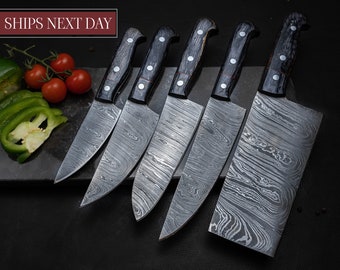 5 Pieces Handmade Damascus Kitchen Knife Chef's Knife Set With Forging Mark Blades And Leather Roll, Personalized Chef Knife ,Kitchen Knives