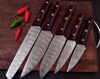 Damascus Steel 5pc Cooking Knife Set - BBQ Indoor/Outdoor Kitchen Knives, Chef Santoku Utility Knife, Handmade Camping Damascus Blade