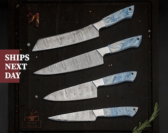 Couteaux de cuisine damas faits main, manche en résine époxy bleu, couteau de chef pour barbecue, ensemble de 4 pièces, cadeau pour cuisiner, lame de haute qualité, rouleau de cuir sans acier