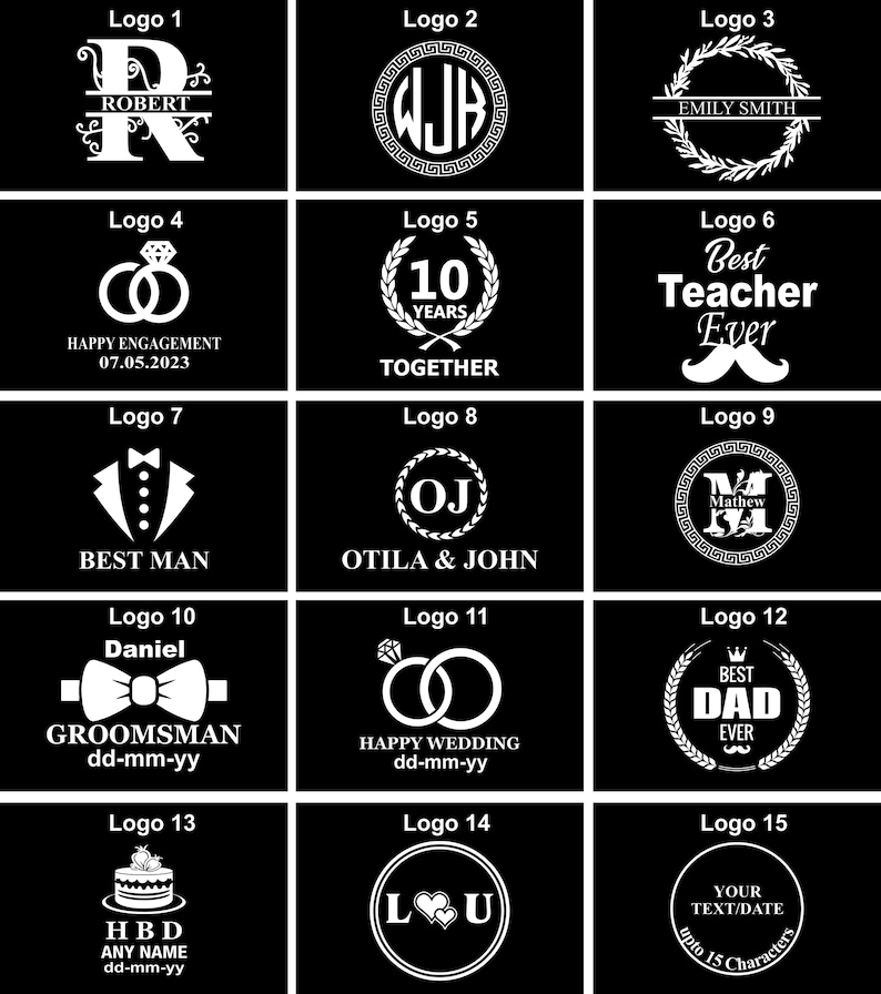 Może przedstawiać: Zbi&oacute;r czarno-białych logo o r&oacute;żnych wzorach. Logo zawierają inicjały, imiona, obrączki, muchy i teksty takie jak "Best Teacher Ever", "Happy Engagement" i "Best Dad Ever". Nadaje się do personalizacji.