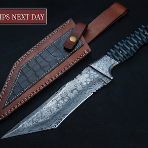 Custom Handmade Damascus Tool Steel High Polish Crocodile Dundee Bowie knife Rambo knife handmade knife fathers day gift with leather cover