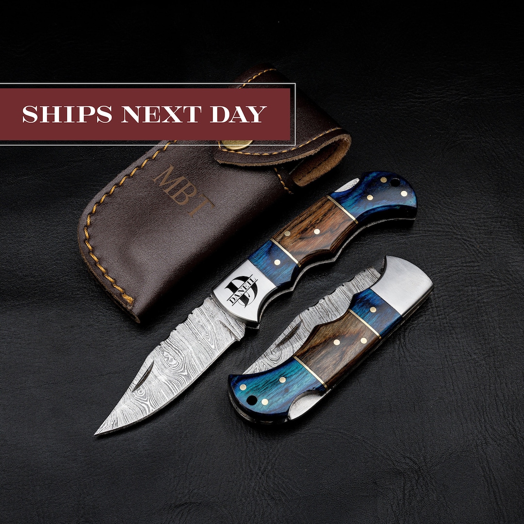 Pocket Knife for Camping/hunting Damascus Steel Blade Blue Brown Pakka
