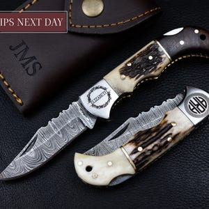 Handmade Damascus knife Pocket knife Folding Knife Personalized gift Wedding Gift Groomsman gift birthday anniversary Fathers day gift image 3