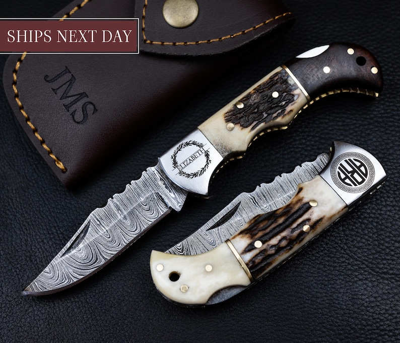 Handmade Damascus knife Pocket knife Folding Knife Personalized gift Wedding Gift Groomsman gift birthday anniversary Fathers day gift image 3