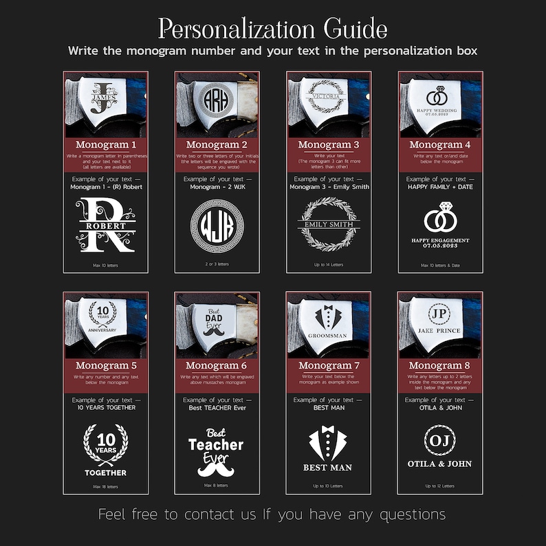 Może przedstawiać: Przewodnik po personalizacji produktu z wykorzystaniem r&oacute;żnych styl&oacute;w monogram&oacute;w. Przewodnik przedstawia osiem r&oacute;żnych styl&oacute;w monogram&oacute;w z przykładami tekstu, kt&oacute;re można dodać do każdego stylu. Tekst zawiera imiona, daty i zwroty takie jak "Najlepszy nauczyciel wszech czas&oacute;w" i "Szczęśliwego zaręczyn".