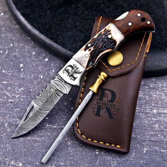 Personalized Handmade Damascus Pocket knife in Stag Handle Folding knife Personalized gift Wedding Gift Groomsman gift Christmas gift